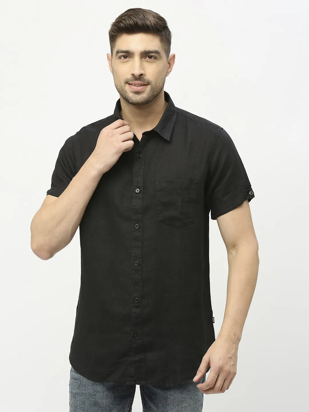 Men Black Linen Regular Fit Half Sleeve Plain Shirt