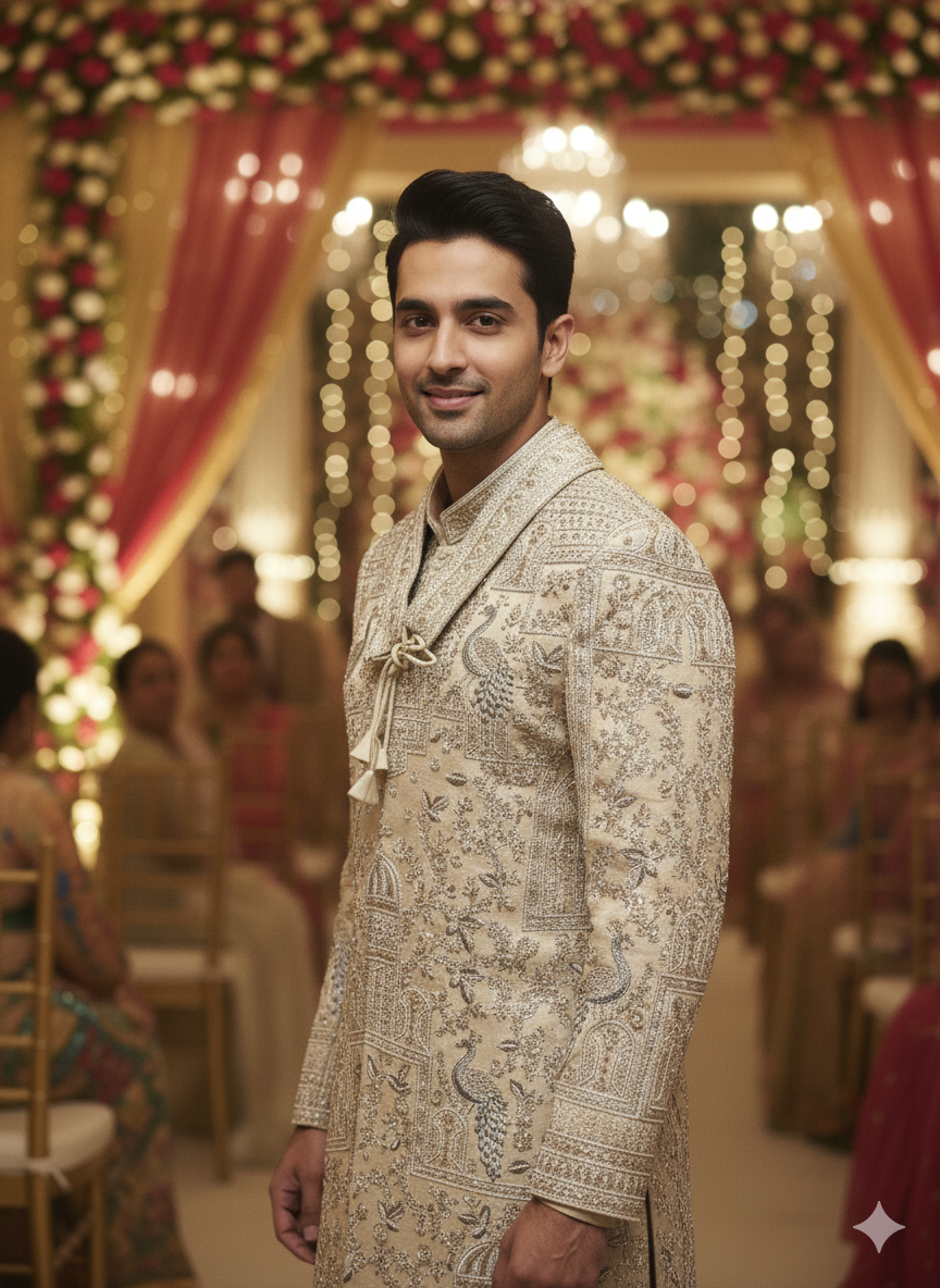 Regal Bandhgala Sherwani: Ivory With Confident Gold Detailing