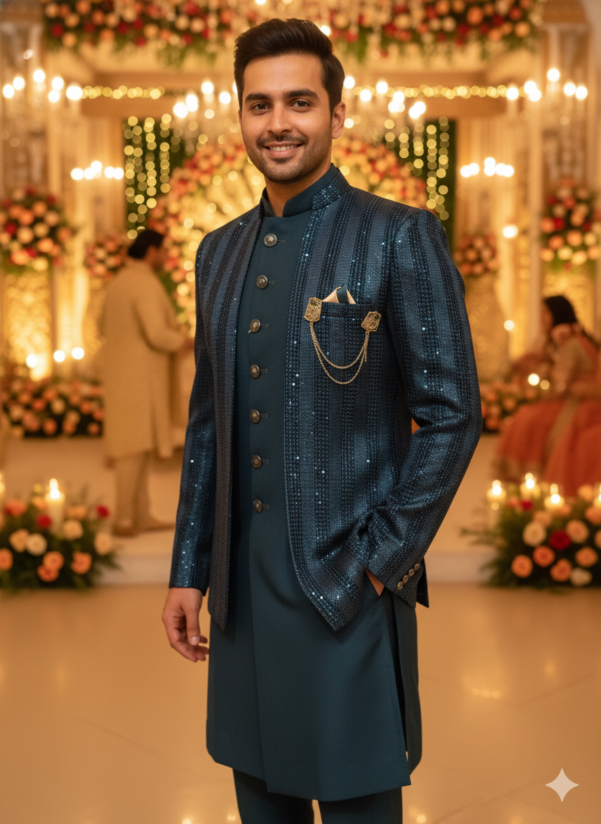 Portrait Of Elegance: Petrol Blue Embroidered Sherwani