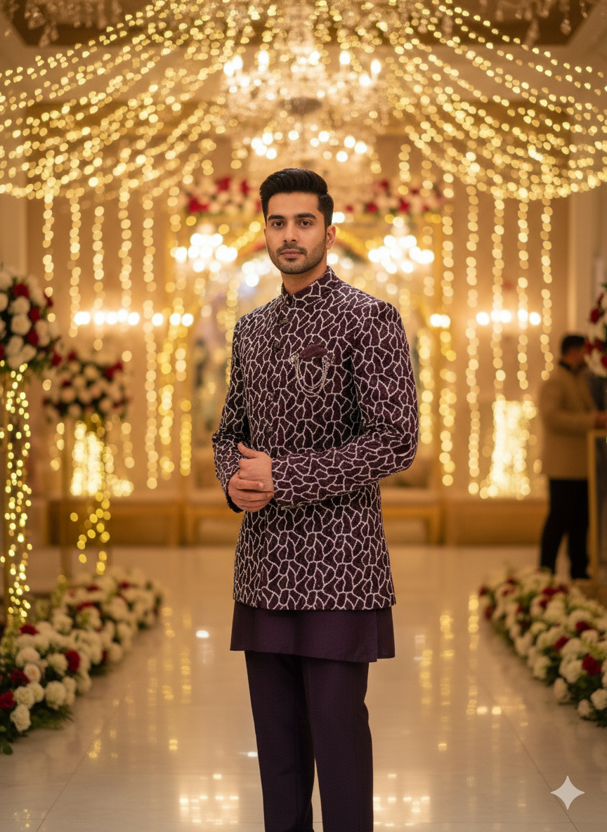 Lyte Club Mens Indo Western 3Pcs Set 27629 Wine