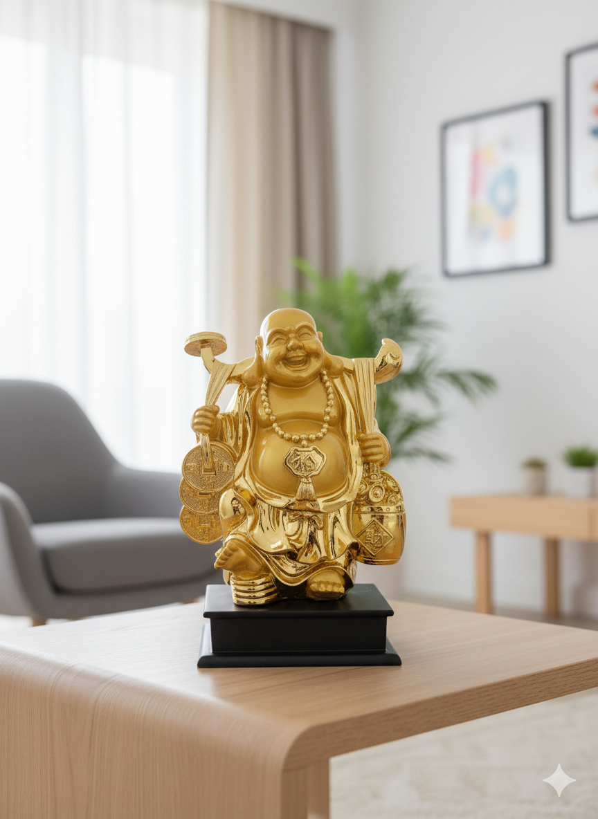 Golden Happy Laughing Buddha Statue with Ruyi & Coins