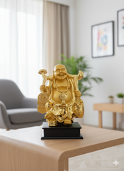 Golden Happy Laughing Buddha Statue with Ruyi & Coins