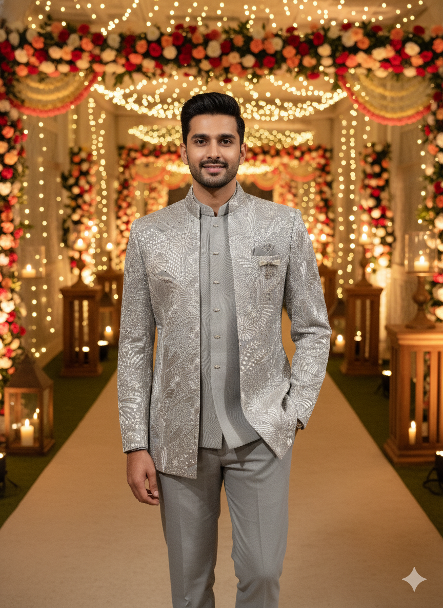 Lyte Club Mens Coat Suit Jodhpuri 3Pcs Set 27383A D.Grey