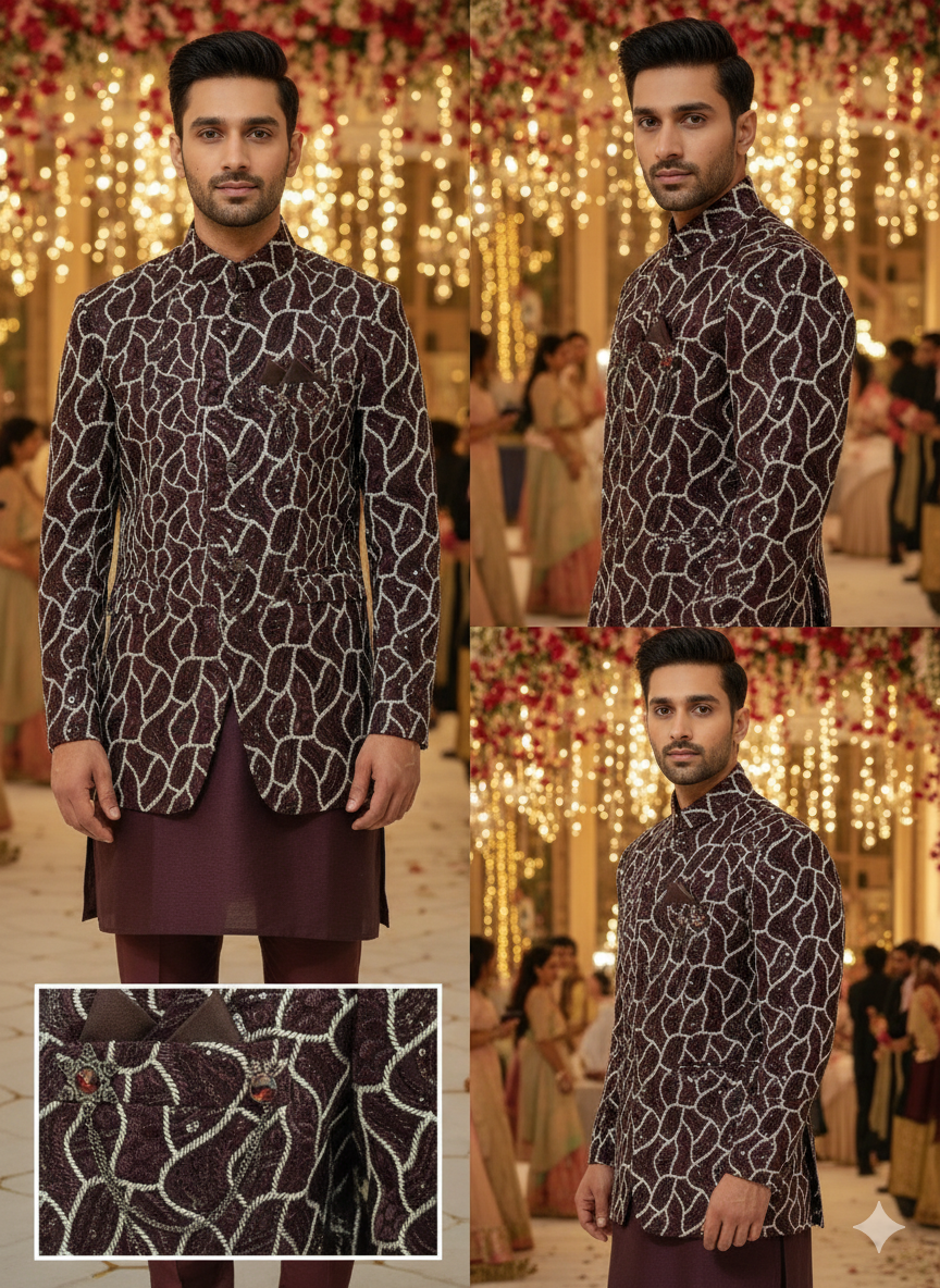 Lyte Club Mens Indo Western 3Pcs Set 27629 Wine