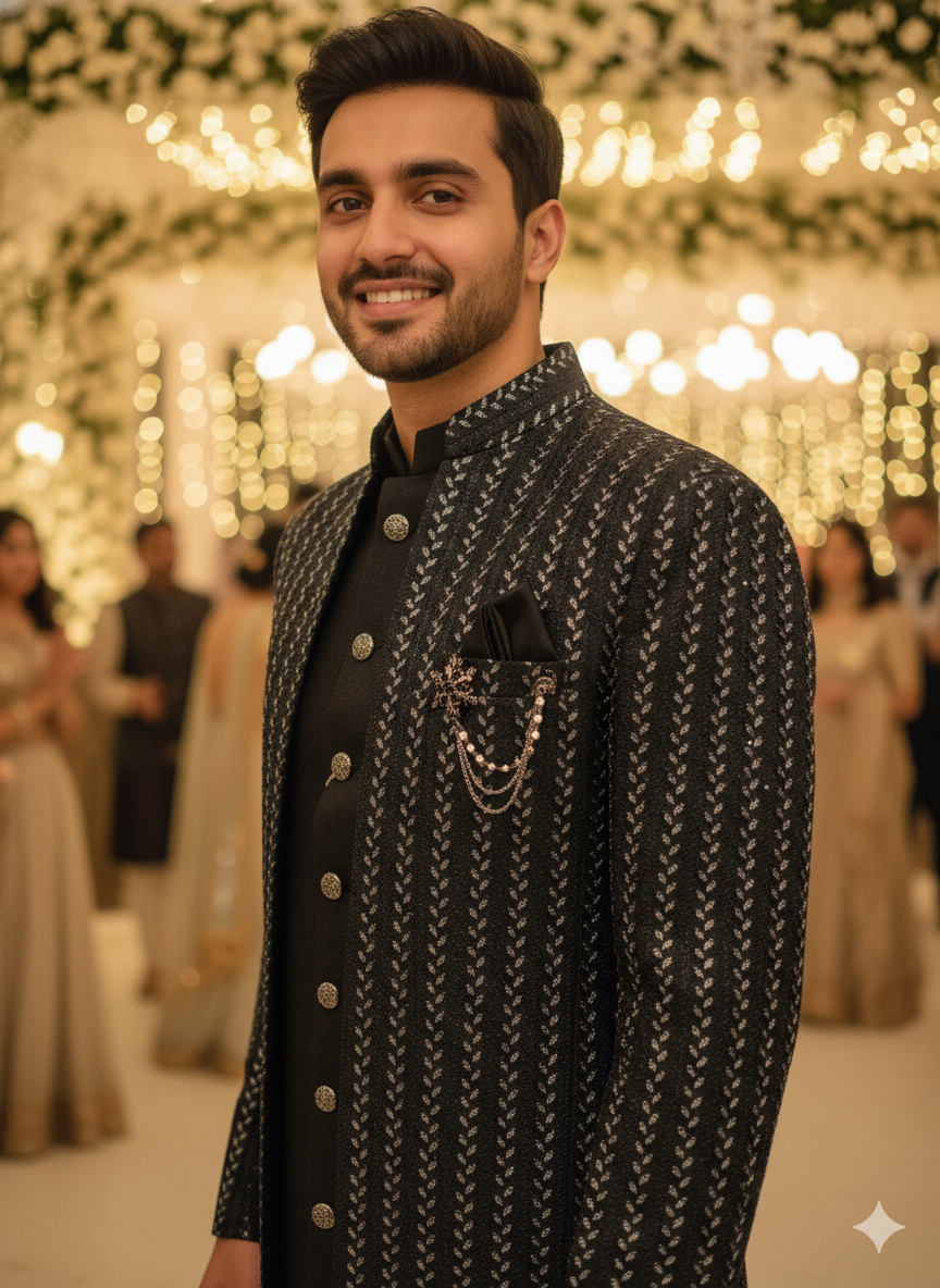 BLUE STAGE MENS INDO WESTERN 3PCS SET 23630 BLACK