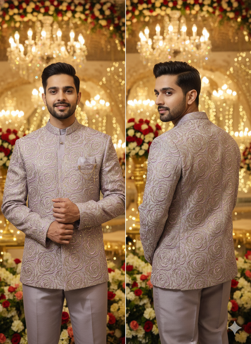 Men'S Luxury Silver Embroidered Bandhgala Suit Set - Tone-On-Tone Festive Wedding Party Wea