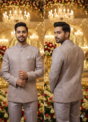 Men'S Luxury Silver Embroidered Bandhgala Suit Set - Tone-On-Tone Festive Wedding Party Wea