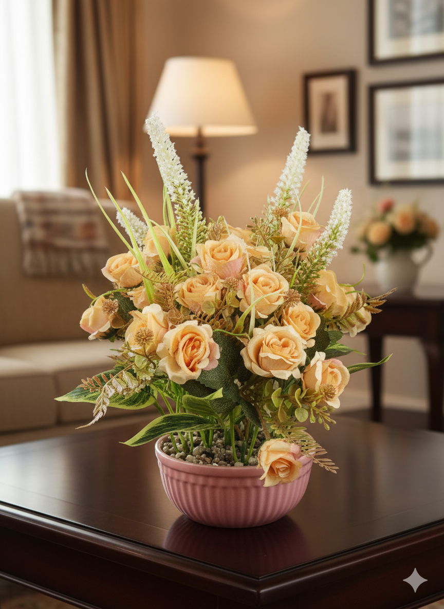 Delicate Faux Peach Rose & White Lavender Arrangement in Ribbed Pink Pot – Charming Home Decor