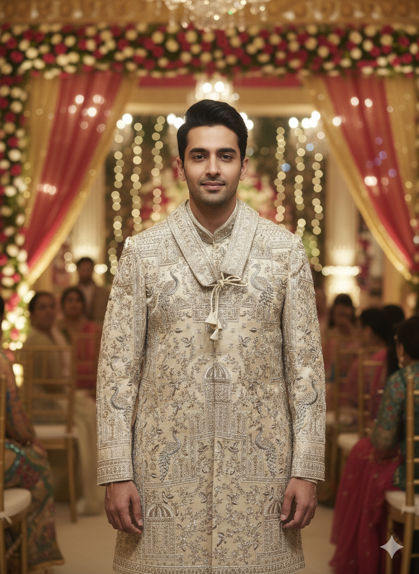 Regal Bandhgala Sherwani: Ivory With Confident Gold Detailing