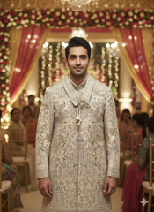 Regal Bandhgala Sherwani: Ivory With Confident Gold Detailing