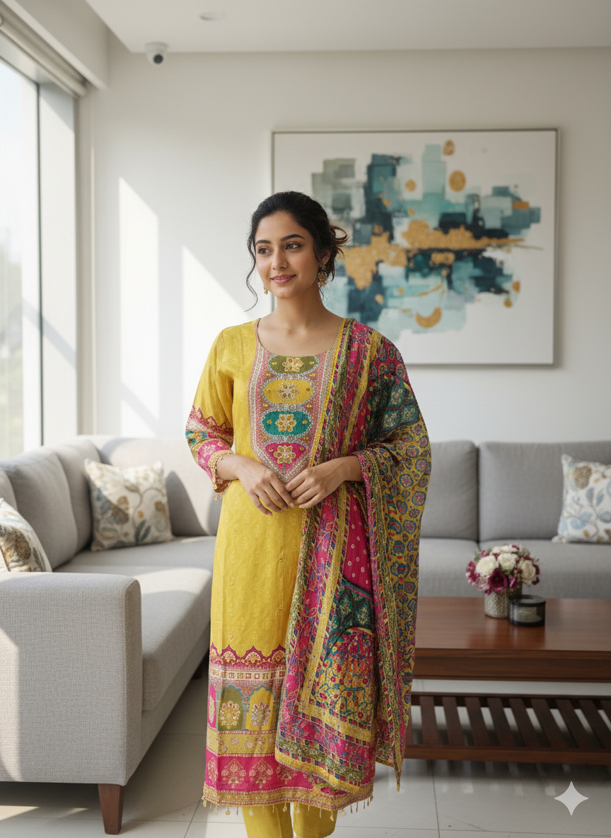 Lyte Club Ladies Western Kurti Fancy 3Pcs Set 9881-12 Yellow