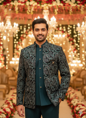 Lyte Club Mens Coat Suit Jodhpuri 3Pcs Set 2594 D.Green