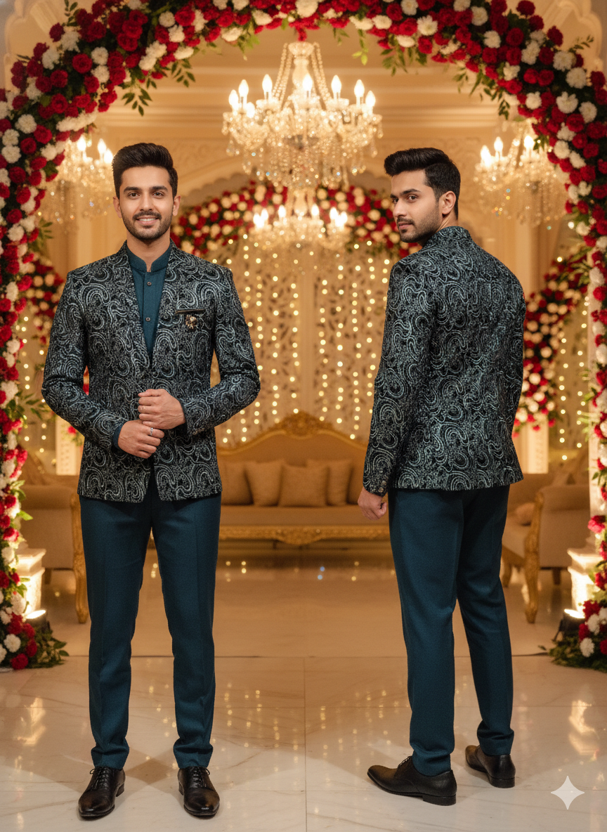 Lyte Club Mens Coat Suit Jodhpuri 3Pcs Set 2594 D.Green