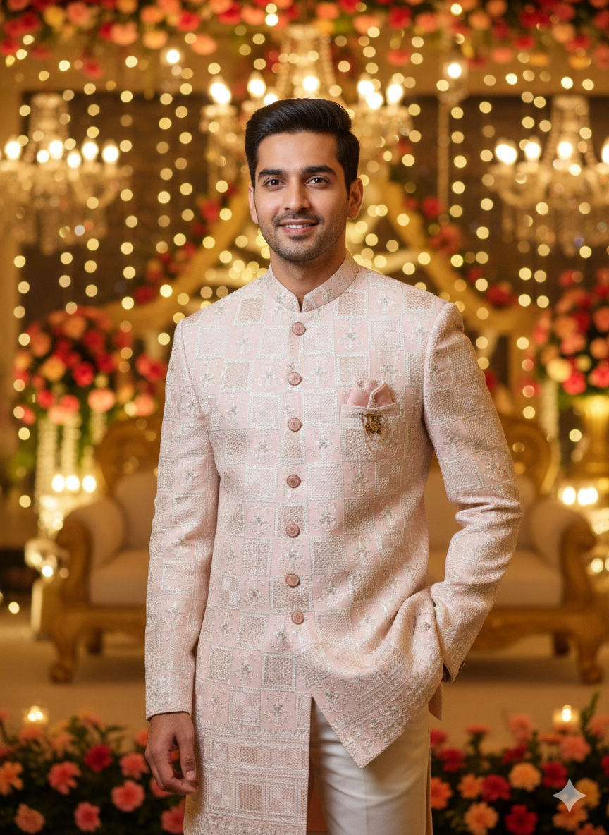 Dusky Rose Sherwani with Geometric & Floral Zari Work: Modern Opulence