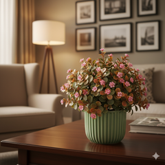 Compact Faux Pink Bloom & Mixed Foliage Topiary in Sage Green Pot – Cheerful Desktop Accent