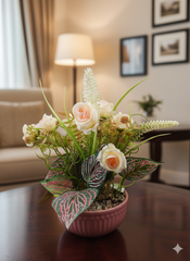 Romantic Faux Blush Rose Arrangement In Pink Ribbed Pot With Exotic Foliage – Modern Accent Decor