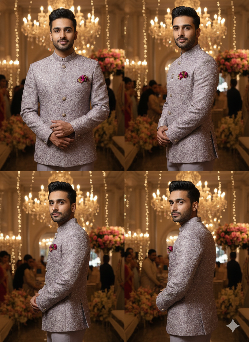 Men'S Luxury Silver Embroidered Bandhgala Suit Set - Tone-On-Tone Festive Wedding Party Wea