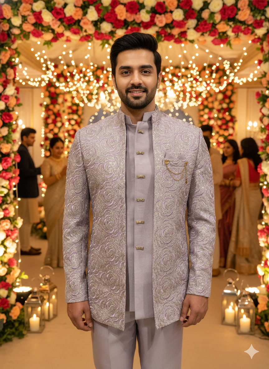 Men'S Luxury Silver Embroidered Bandhgala Suit Set - Tone-On-Tone Festive Wedding Party Wea
