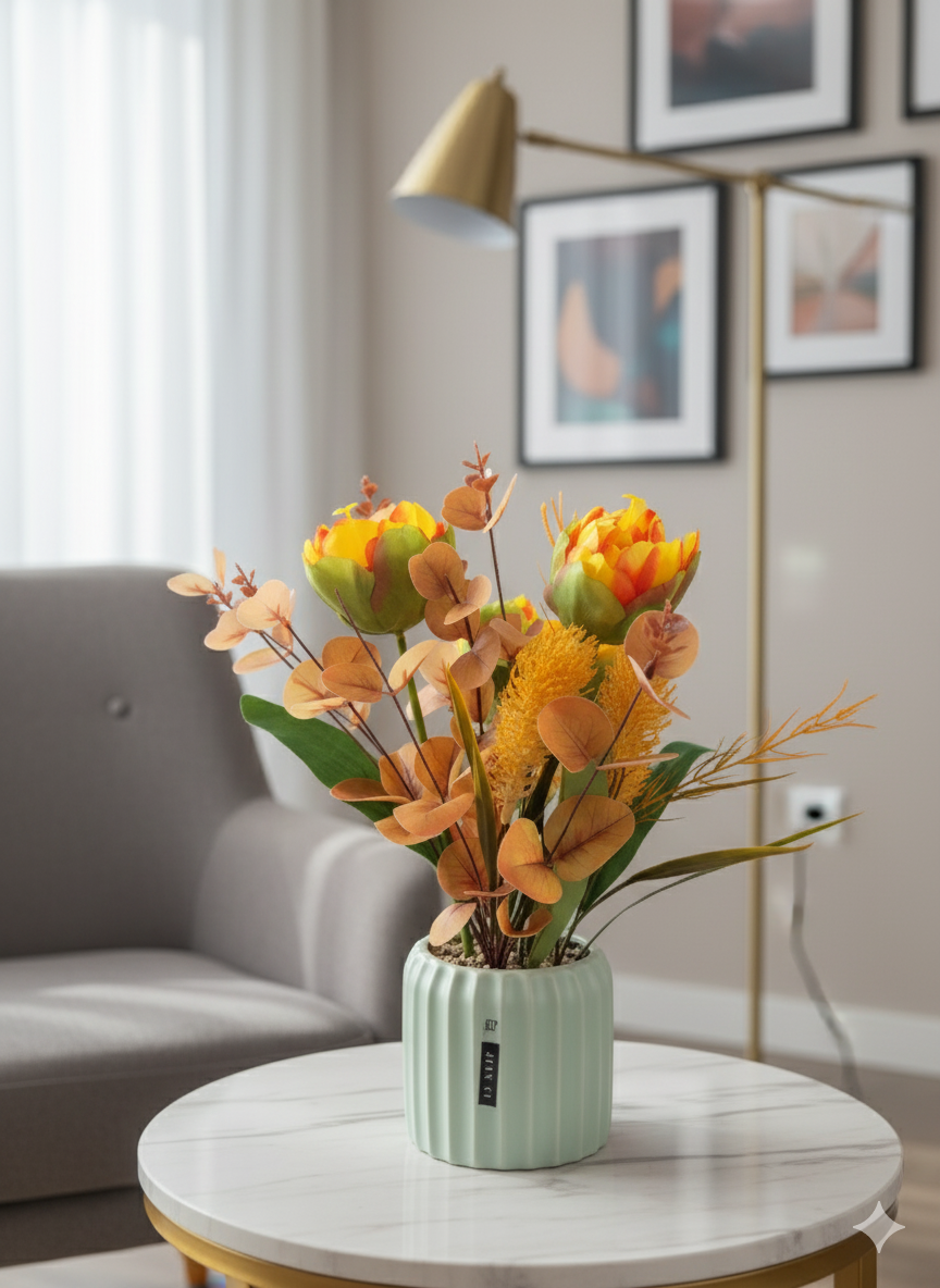 Realistic Faux Flower Arrangement In Elegant Ribbed Ceramic Vase