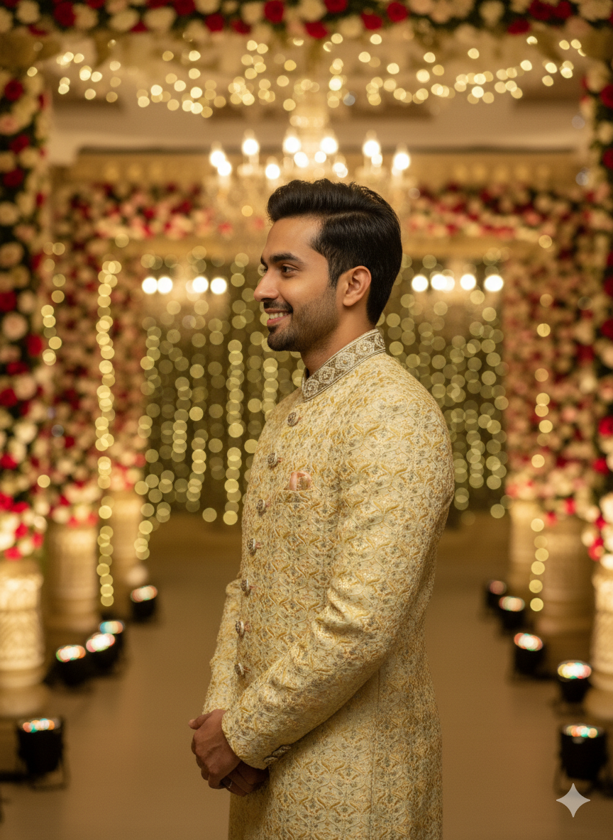 Regal Radiance: The Golden Embroidered Sherwani