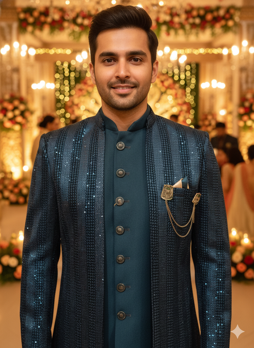 Portrait Of Elegance: Petrol Blue Embroidered Sherwani