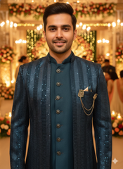 Portrait Of Elegance: Petrol Blue Embroidered Sherwani