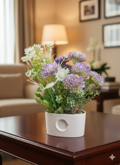 Charming Faux Purple Bloom & Mixed Foliage Topiary in Sage Green Pot – Year-Round Color