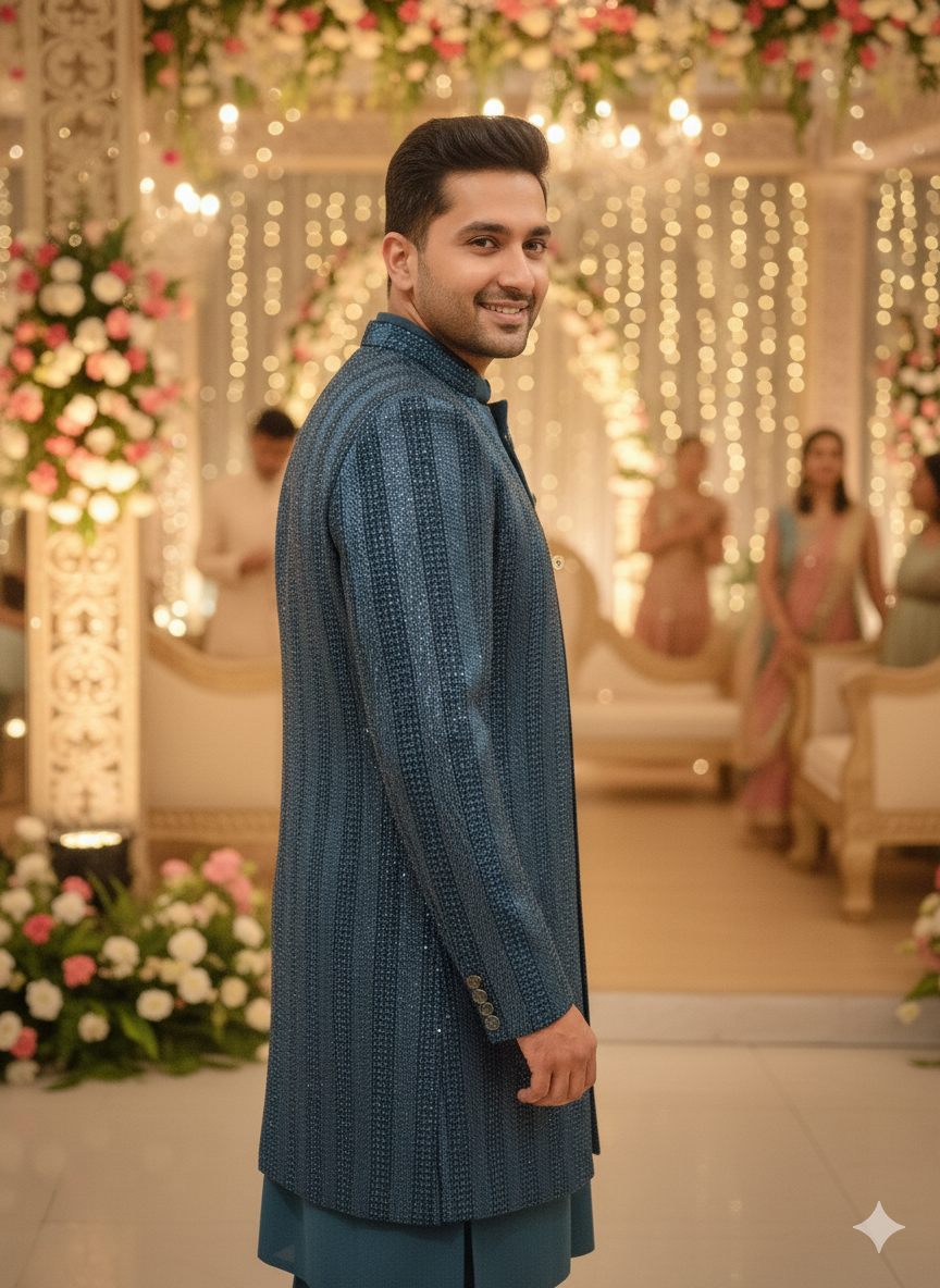 Portrait Of Elegance: Petrol Blue Embroidered Sherwani