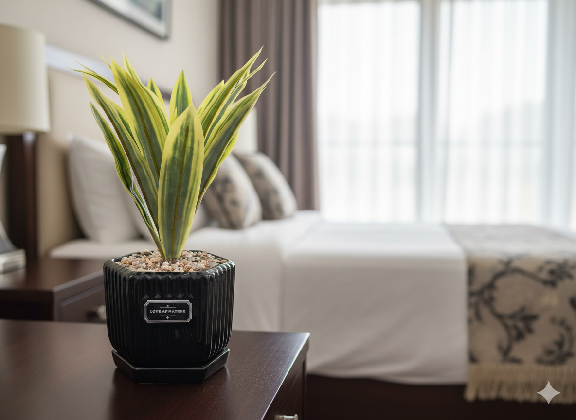 Faux Variegated Snake Plant In Modern Black Geometric Pot No-Fuss Premium Decor