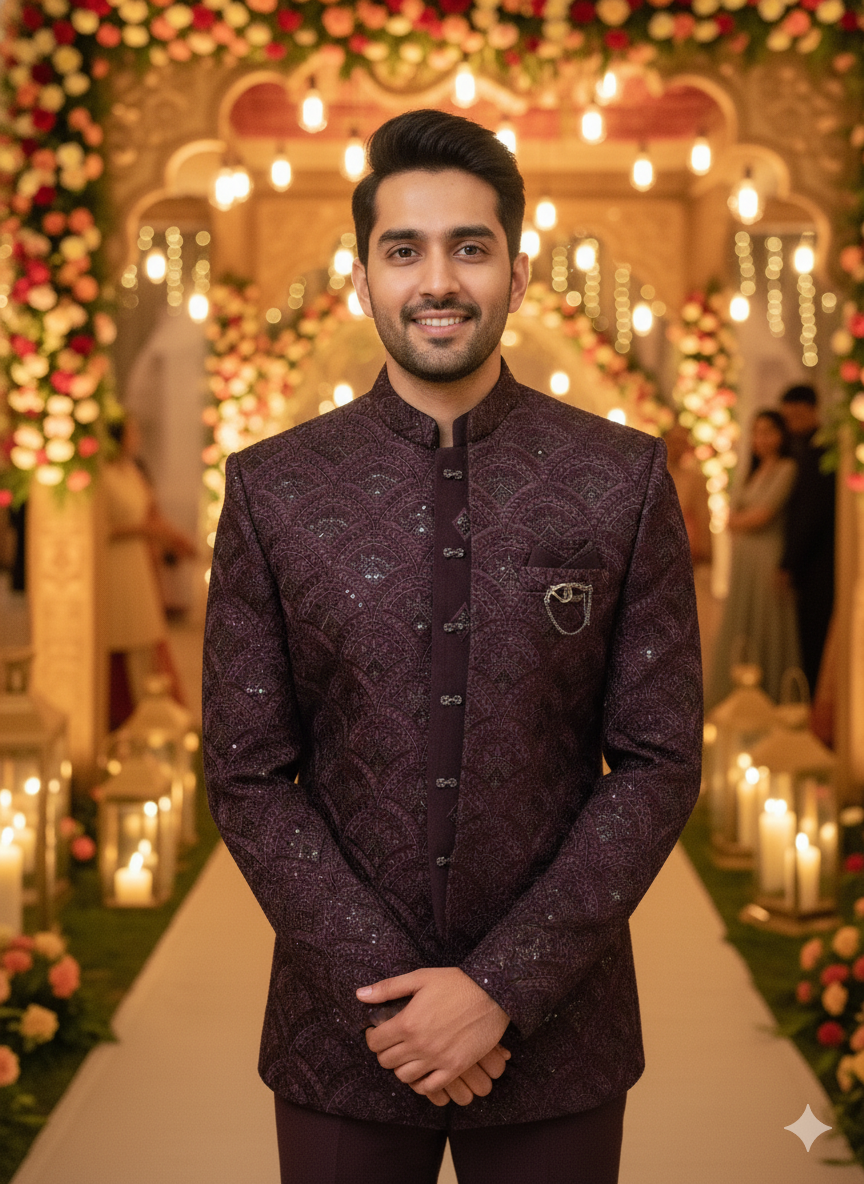 BLUE STAGE MENS COAT SUIT JODHPURI 3PCS SET 27371 WINE