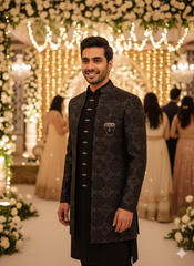 Cinematic Black Sherwani Style Bandhgala On An Indian Groom