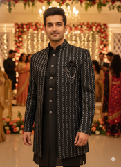 BLUE STAGE MENS INDO WESTERN 3PCS SET 23630 BLACK