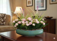 Elegant Faux Pink Rose & Lavender Arrangement in Modern Green Planter – Statement Centerpiece