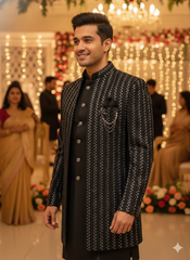 BLUE STAGE MENS INDO WESTERN 3PCS SET 23630 BLACK