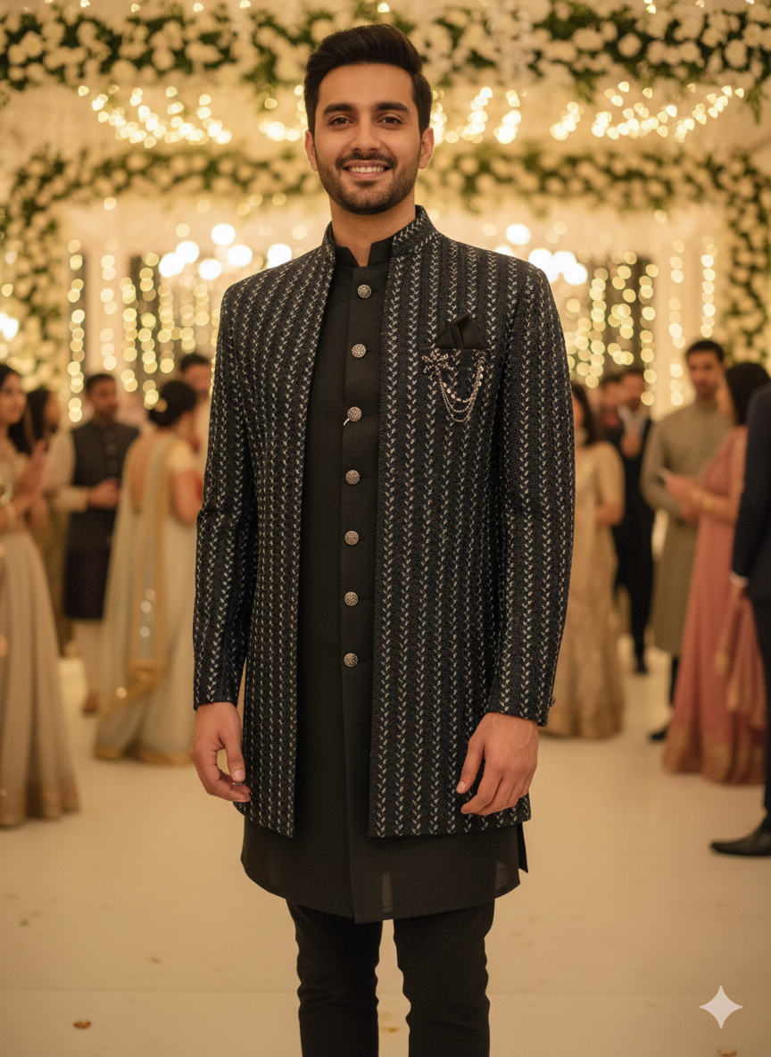 BLUE STAGE MENS INDO WESTERN 3PCS SET 23630 BLACK