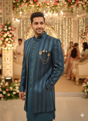 Portrait Of Elegance: Petrol Blue Embroidered Sherwani