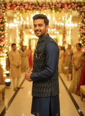 Luxury Men'S Festive Attire: Navy Kurta Set With Gold Embroidered Nehru Jacket