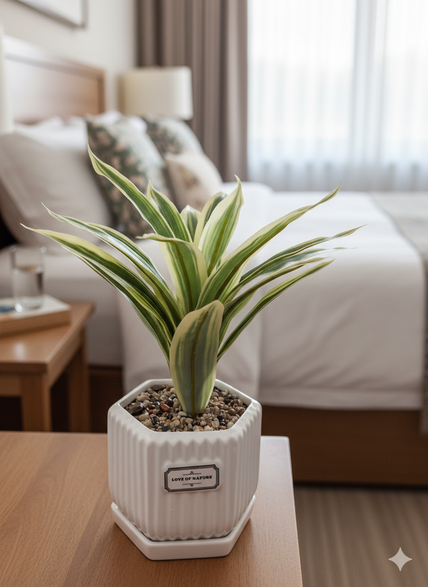 Elegant Faux Variegated Snake Plant in White Ceramic Geometric Pot – Modern Indoor Decor