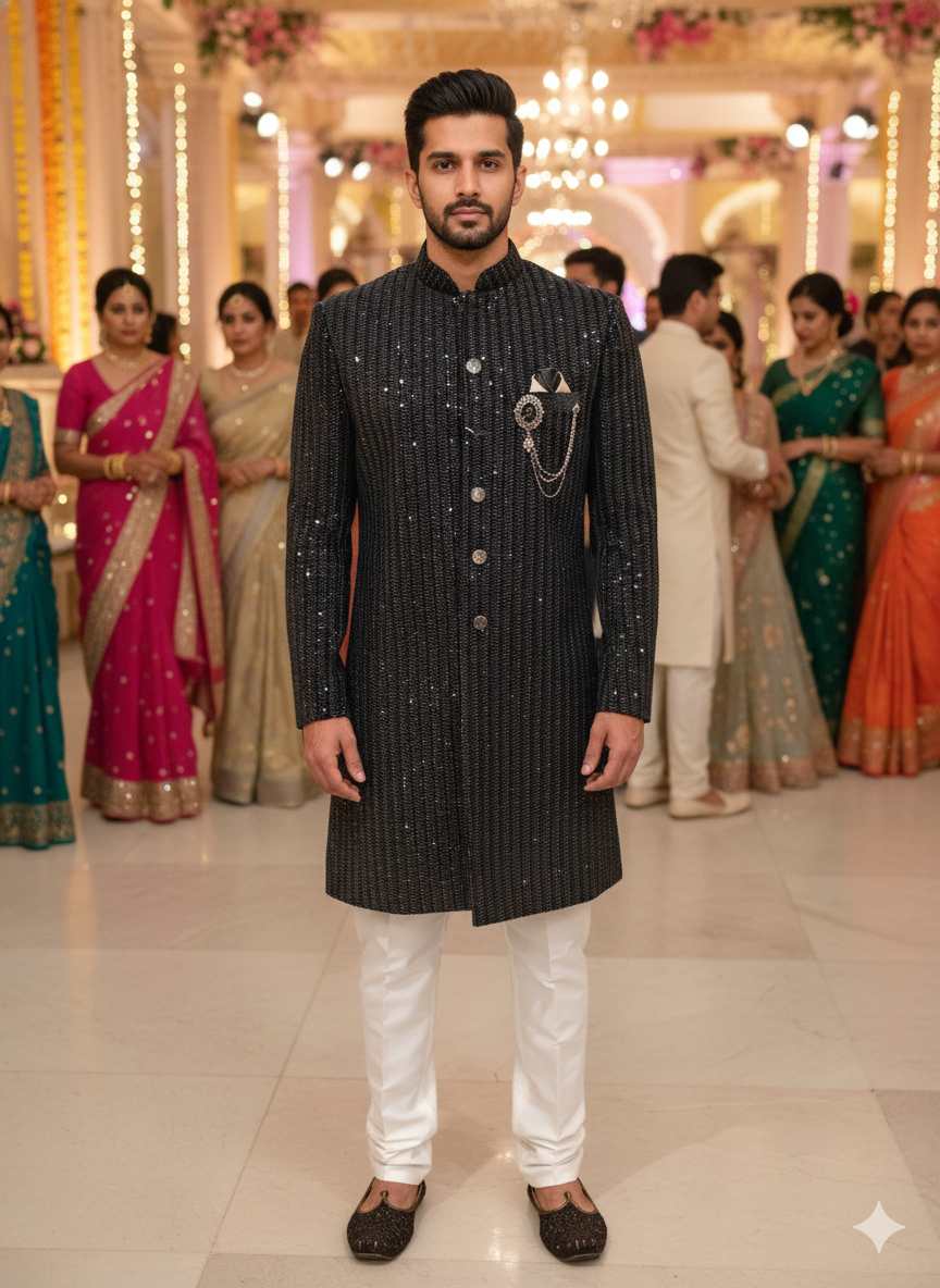 Cinematic Elegance: The Sequin Bandhgala At A Grand Indian Wedding