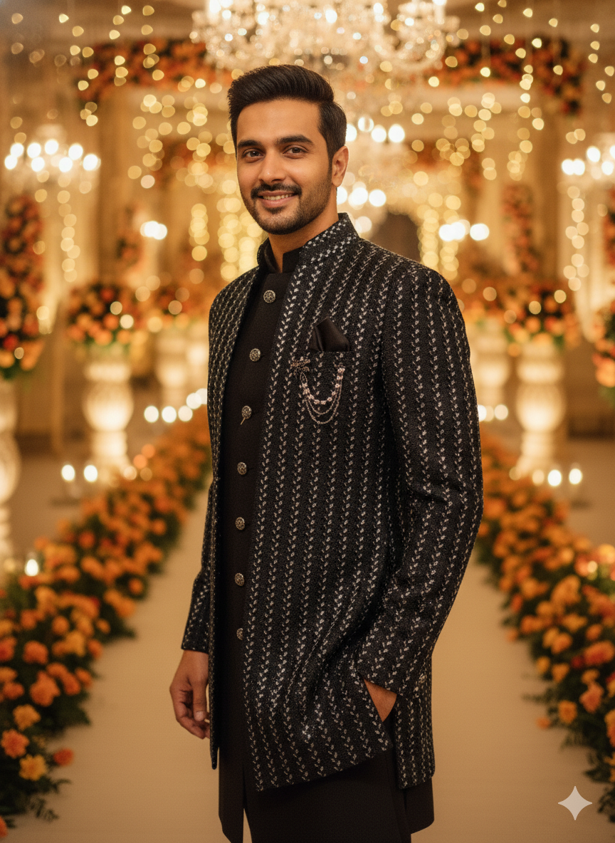 BLUE STAGE MENS INDO WESTERN 3PCS SET 23630 BLACK