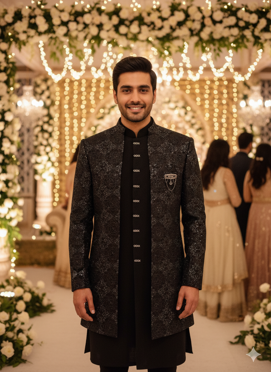 Cinematic Black Sherwani Style Bandhgala On An Indian Groom