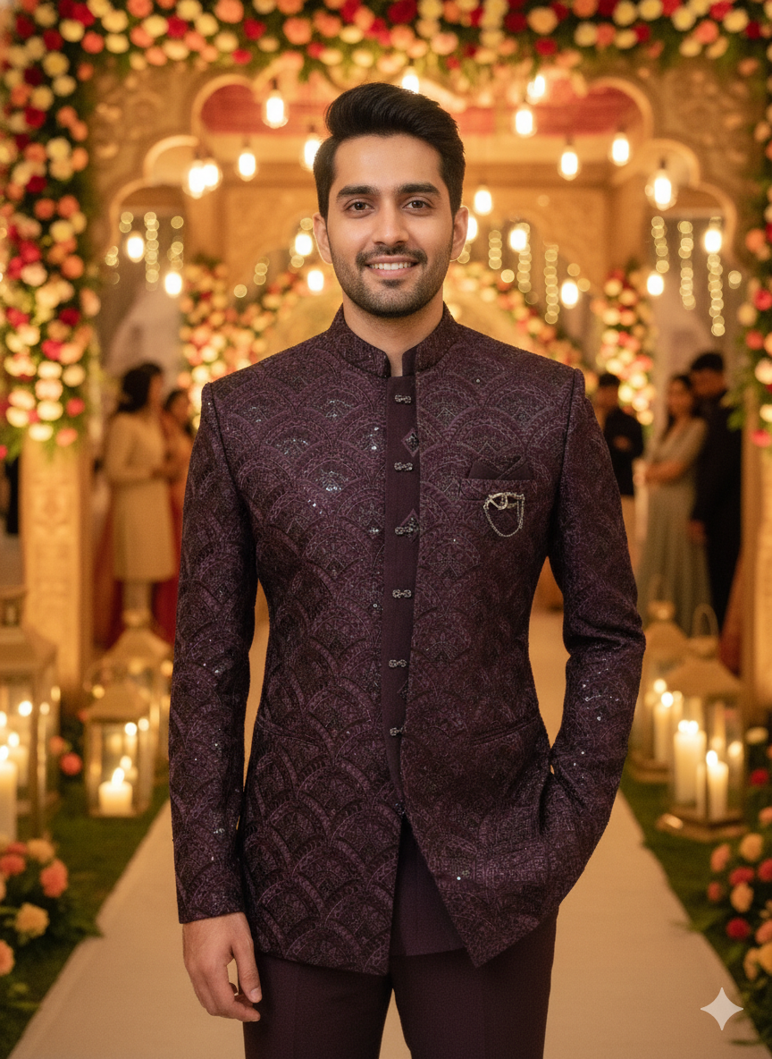 BLUE STAGE MENS COAT SUIT JODHPURI 3PCS SET 27371 WINE