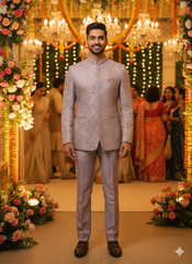 Men'S Luxury Silver Embroidered Bandhgala Suit Set - Tone-On-Tone Festive Wedding Party Wea