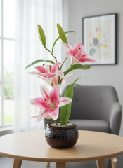 Dramatic Blush: Elegant Faux Pink Lily Centerpiece in Dark Artisan Pot