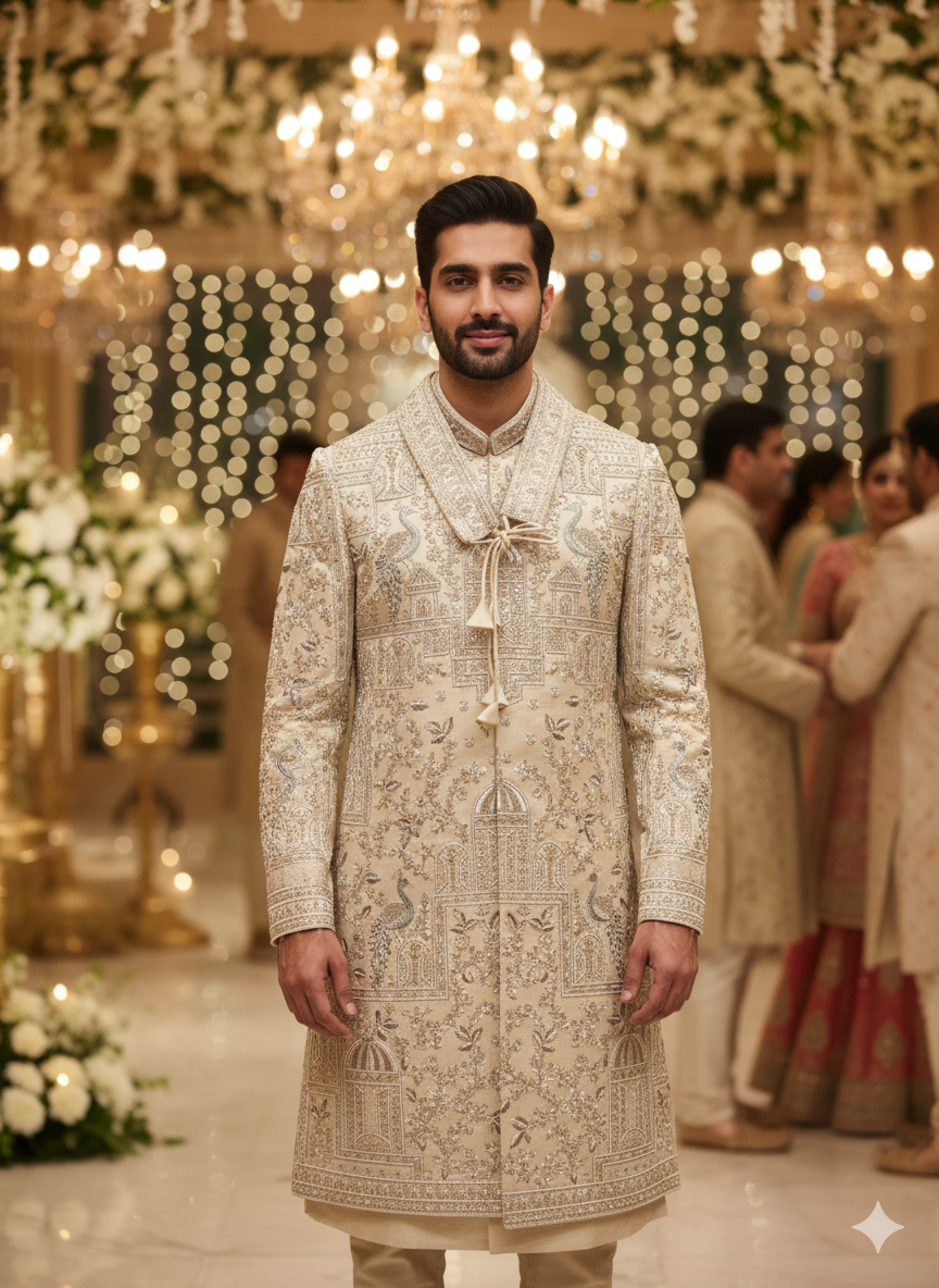 Regal Bandhgala Sherwani: Ivory With Confident Gold Detailing