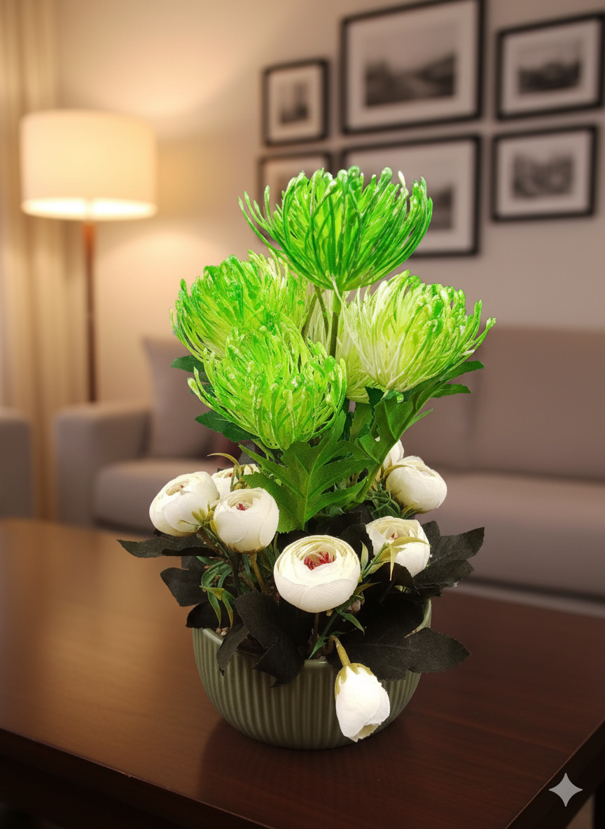 Bold Faux Green Spider Mum & White Rose Arrangement in Sage Green Pot – Modern Statement Decor