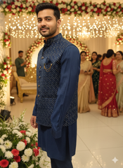 Luxury Men'S Festive Attire: Navy Kurta Set With Gold Embroidered Nehru Jacket