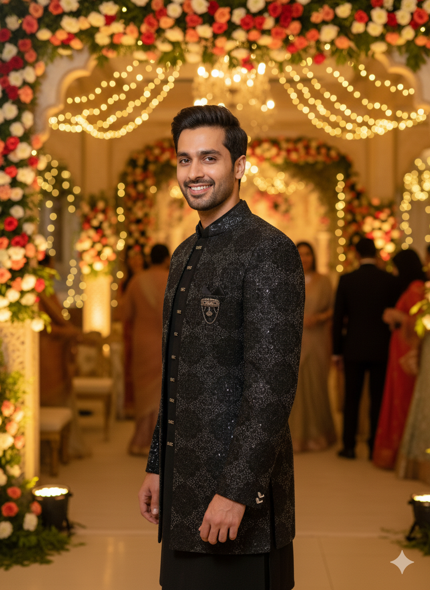 Cinematic Black Sherwani Style Bandhgala On An Indian Groom