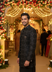 Cinematic Black Sherwani Style Bandhgala On An Indian Groom