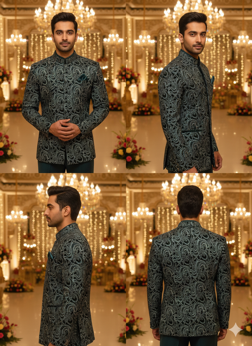 Lyte Club Mens Coat Suit Jodhpuri 3Pcs Set 2594 D.Green